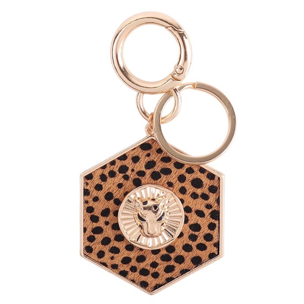 Gorgeous Golden Cheetah and Leopard Hexagon Keychain Charm